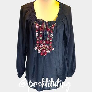 Nine West Black Embroidered Long Sleeve Blouse sz M